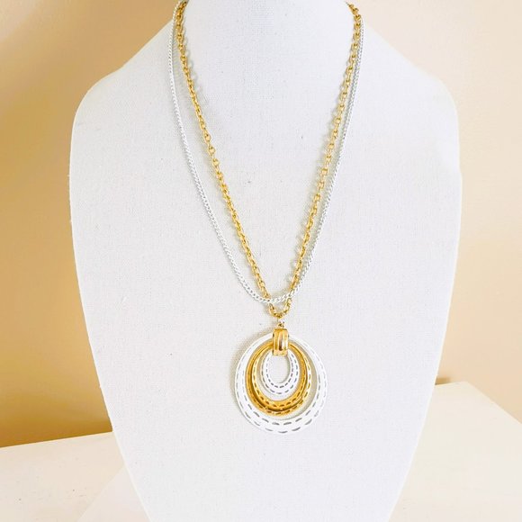 Vintage Three Tier Pendant Necklace 25" White Enamel & Gold Double Layer Chains - Picture 3 of 5